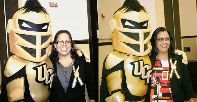 Diane Maldonado and Usha Lal pose with the UCF mascot